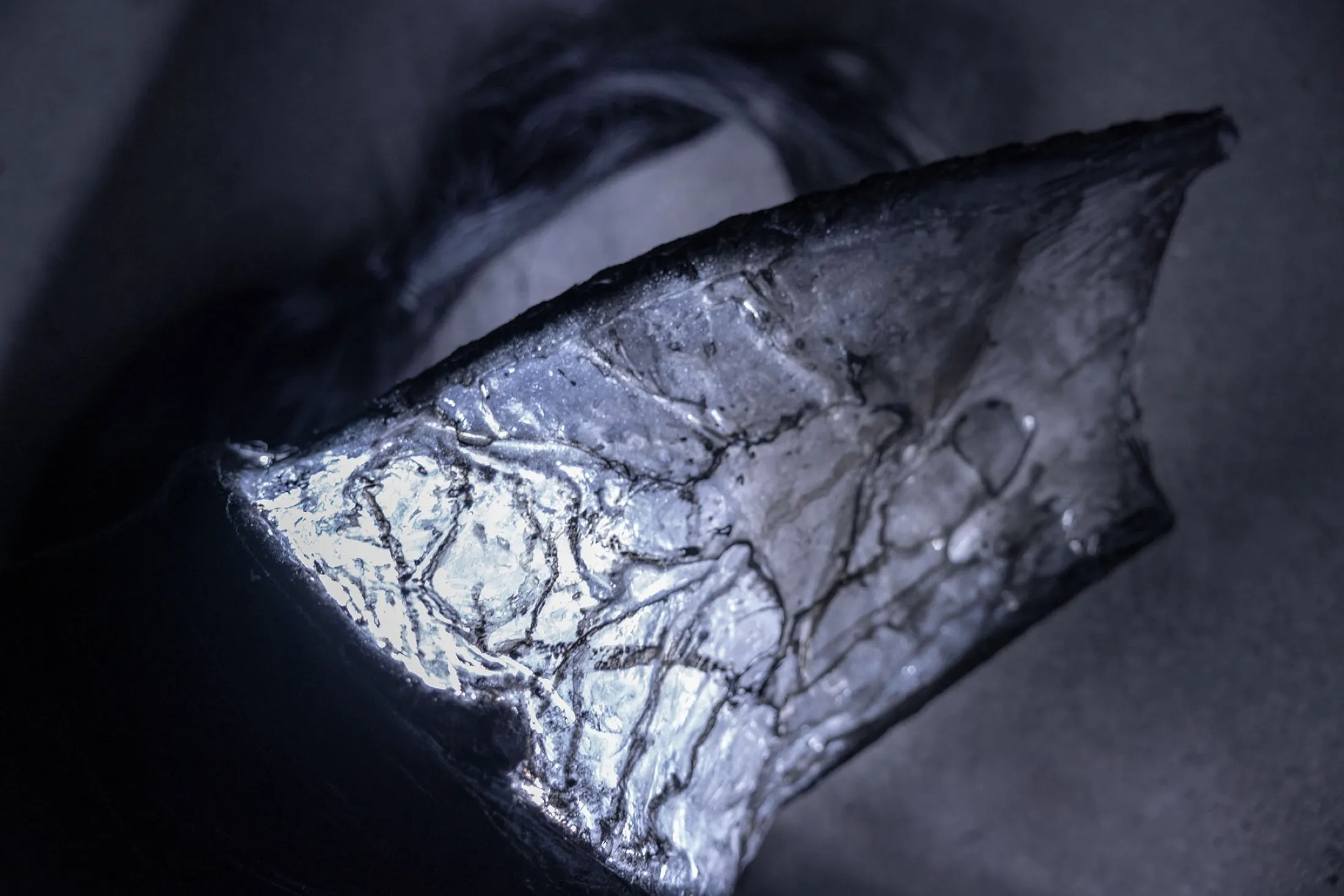 Drain water chrysalis — 2023, Epoxy resin, hair, copper, ink, river water from Matsudo, 50 × 150 × 20 cm, by Taka Kono