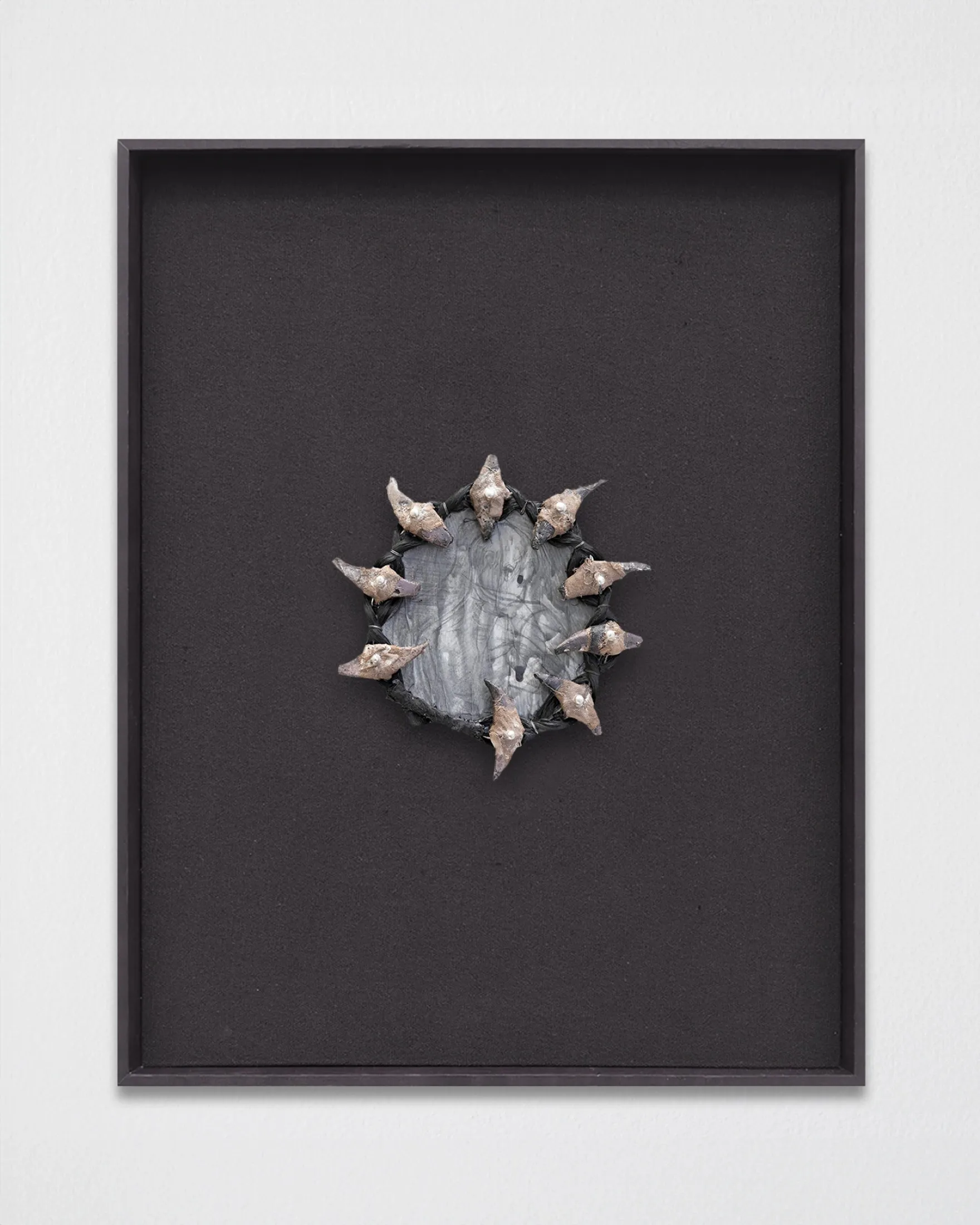 Godsend (eclipse 3) — 2023, Cement, graphite, hair, steel, rope, silk, tin, 36 × 46 × 4 cm, by Taka Kono