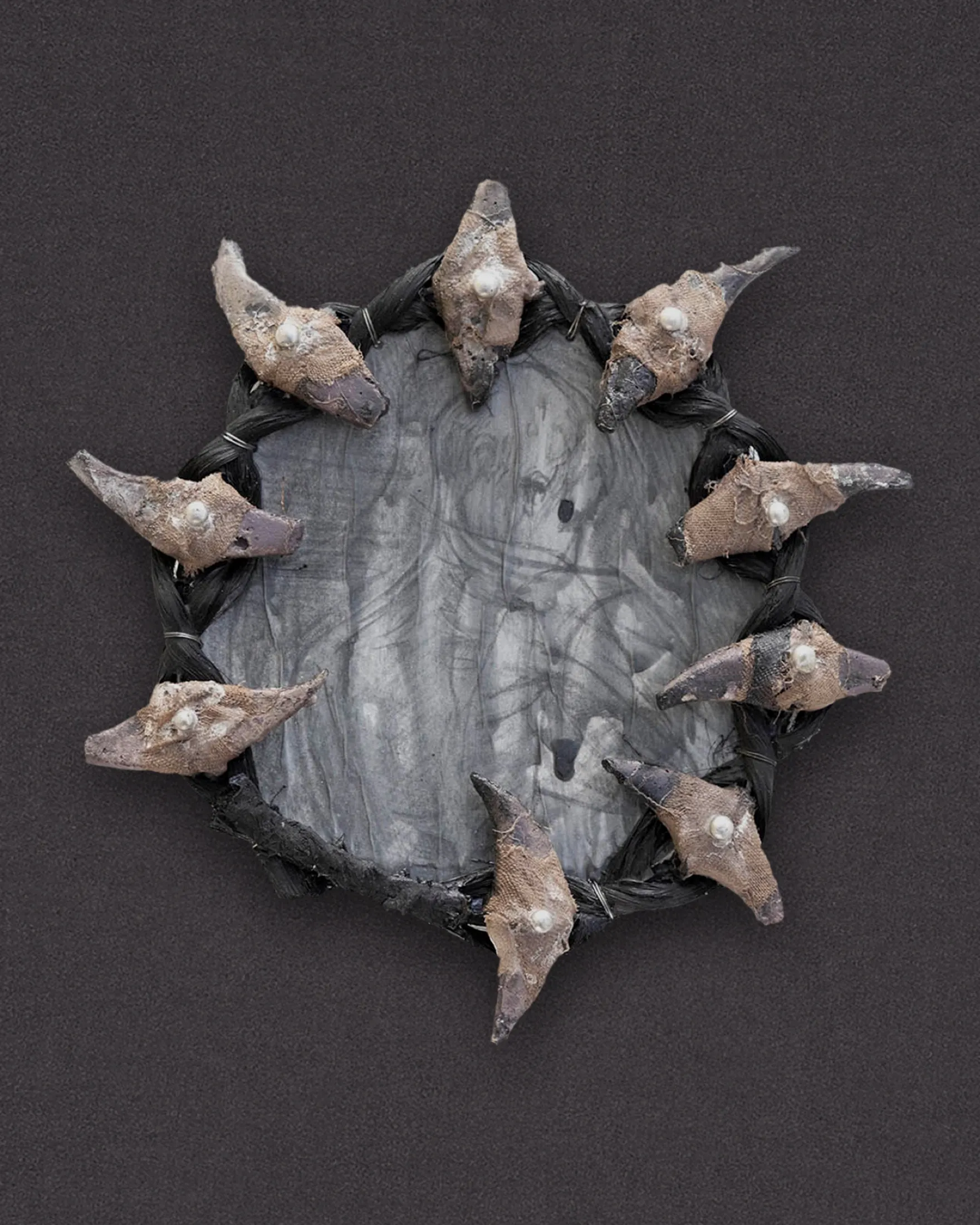 Godsend (eclipse 3) — 2023, Cement, graphite, hair, steel, rope, silk, tin, 36 × 46 × 4 cm, by Taka Kono