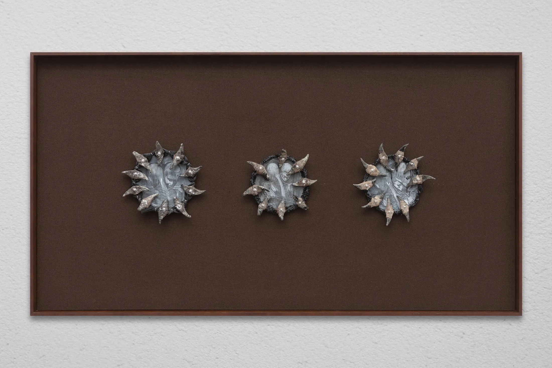 Godsend (eclipse 4, eclipse 5, eclipse 2) — 2023, Cement, graphite, hair, steel, rope, silk, tin, 46 × 86 × 4 cm, by Taka Kono