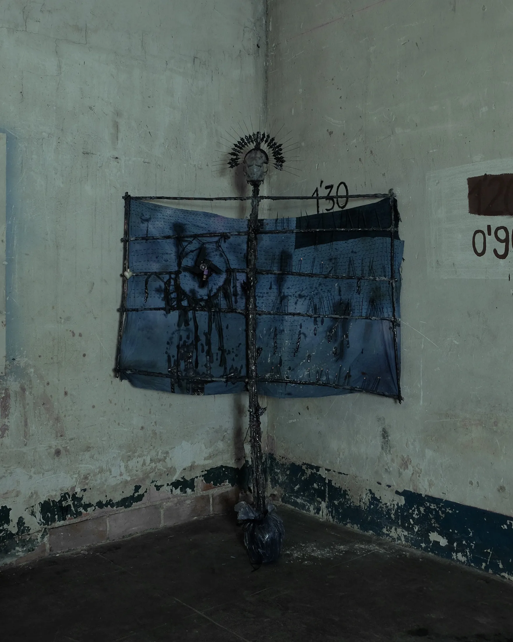 Godsend (energy drain 1) — 2023, Cane, plaster, deer skull, ink, fabric, wire, jute rope, motor, blood collection tube, human blood, incense, 200 × 150 cm, by Taka Kono