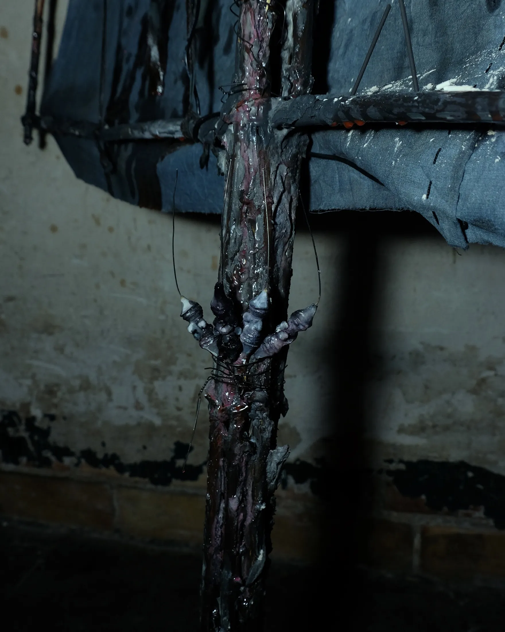 Godsend (energy drain 1) — 2023, Cane, plaster, deer skull, ink, fabric, wire, jute rope, motor, blood collection tube, human blood, incense, 200 × 150 cm, by Taka Kono