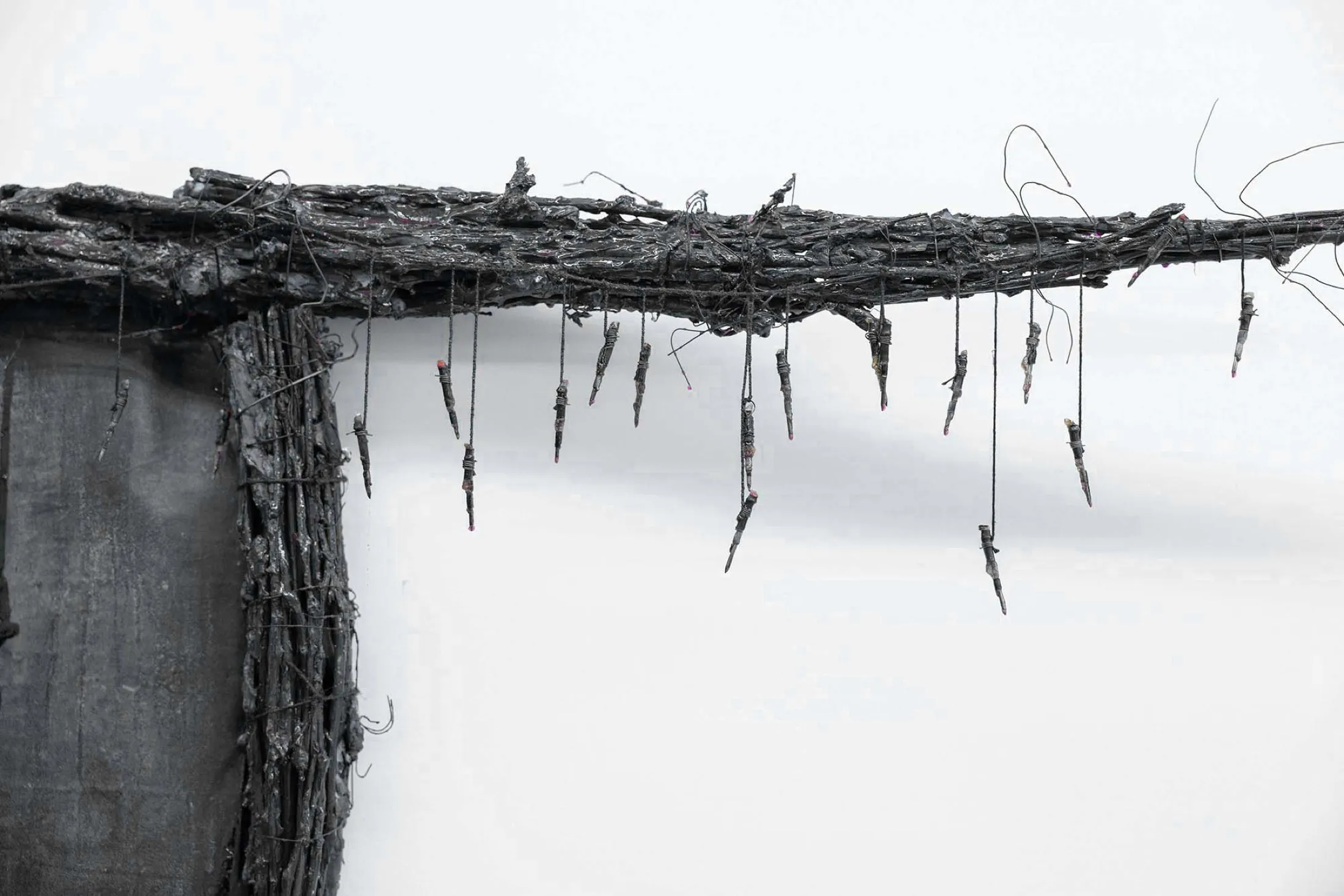 Godsend (energy drain 2) — 2023, Fabric, wood, plaster, dye, ropes, epoxy resin, cement, nails, tin, 175 × 270 cm, by Taka Kono