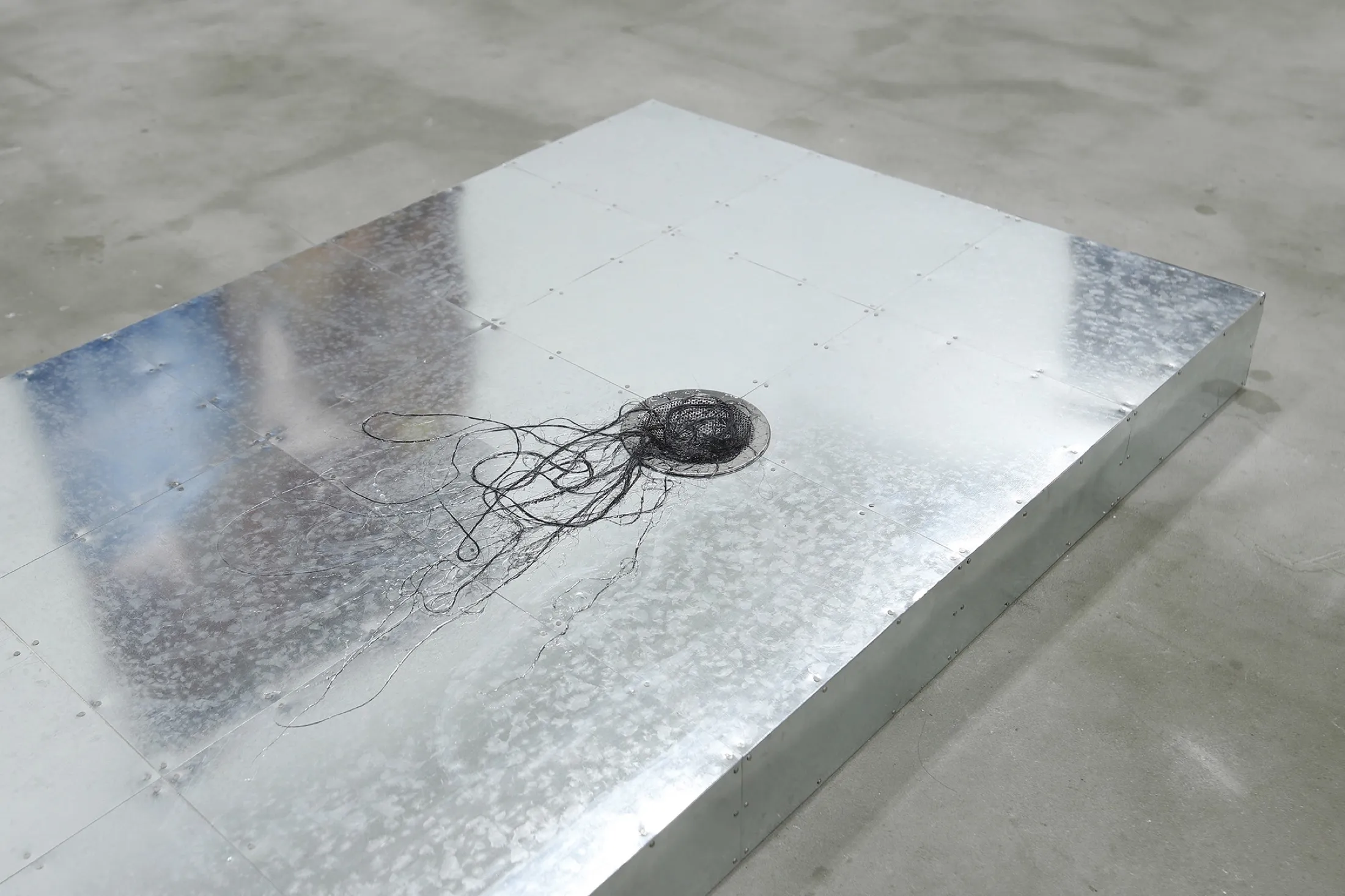 Godsend (honey and sun) — 2023, Galvanized steel, steel rods, resin, zipties, concrete, tin, ropes, hair, 63 × 336 × 50 cm, by Taka Kono
