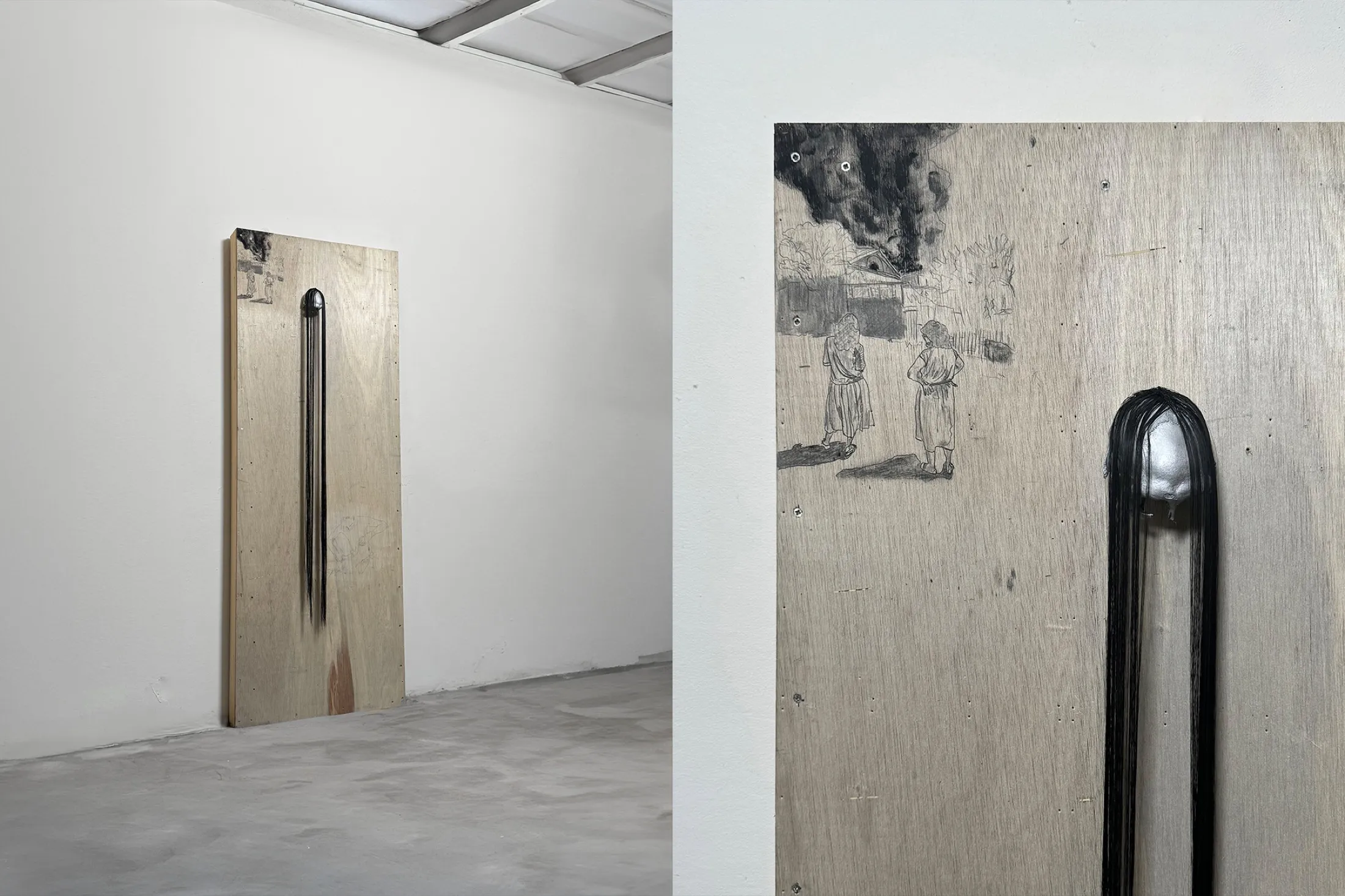 Godsend (Sun) — 2024, Plywood, hair, graphite, monkey skull, 168 × 63 × 12 cm, by Taka Kono