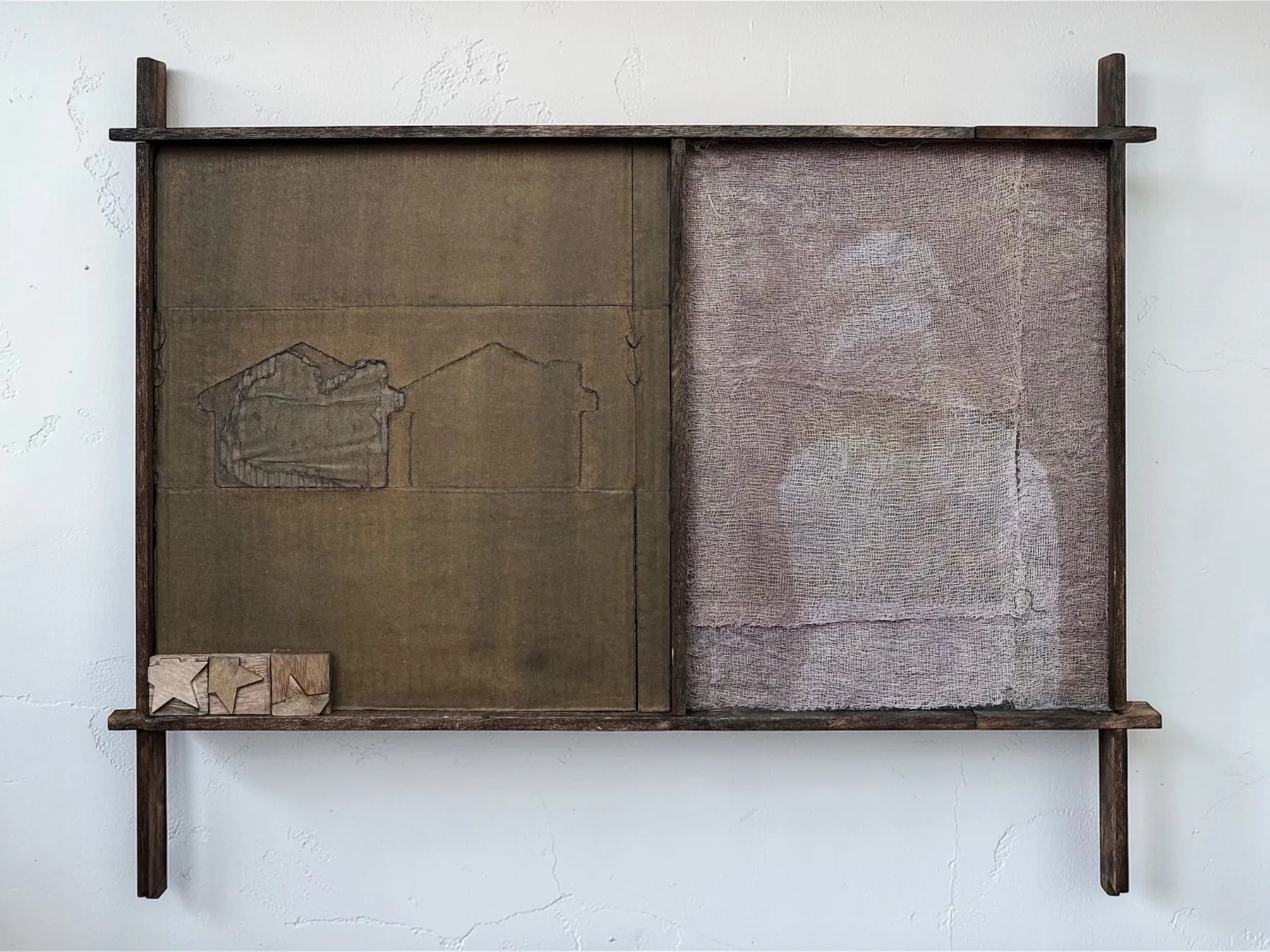 The House and Portrait, 2026 — pigment transfer on gauze, cardboard, wooden blocks and artist's frame, by Taka Kono